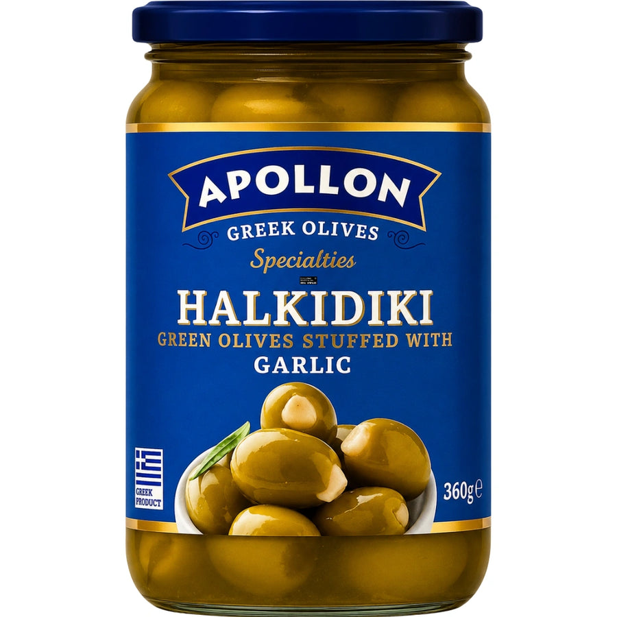 Apollon - Griechische Halkidiki-Oliven mit Knoblauch 200g