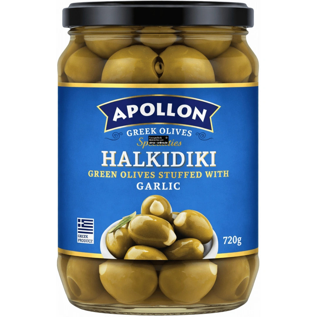 Apollon - Halkidiki Sarımsaklı Yeşil Zeytin, Grüne Oliven mit Knoblauch 720g
