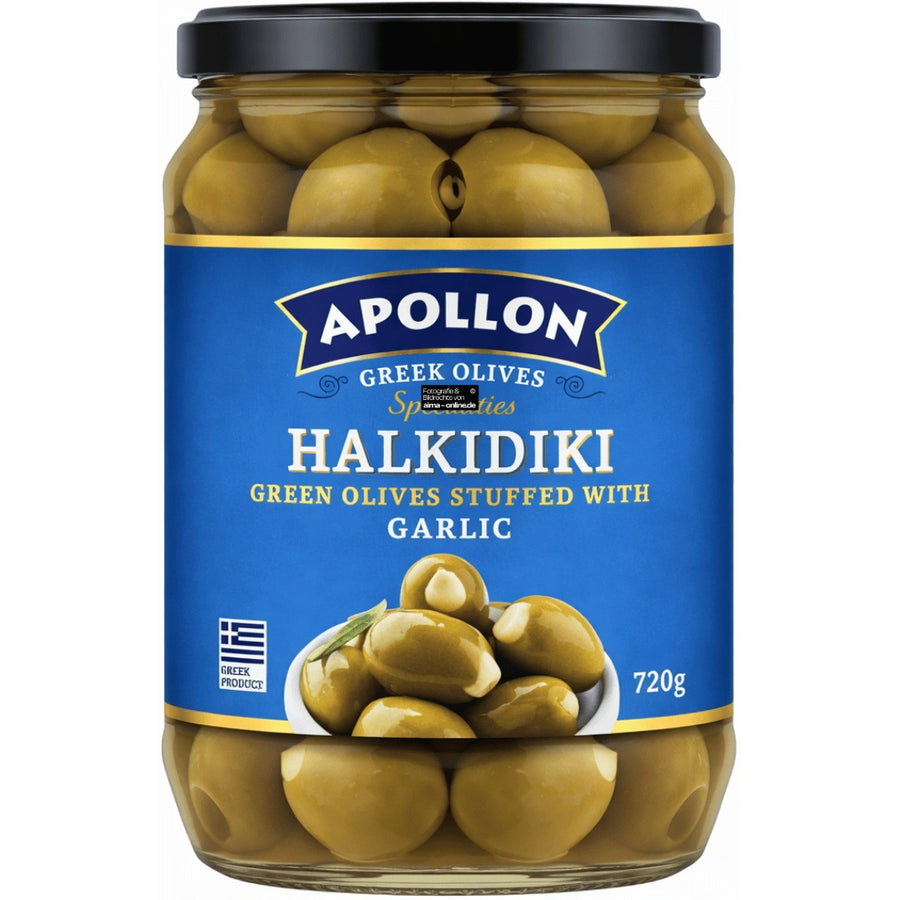Apollon - Halkidiki Sarımsaklı Yeşil Zeytin, Grüne Oliven mit Knoblauch 720g