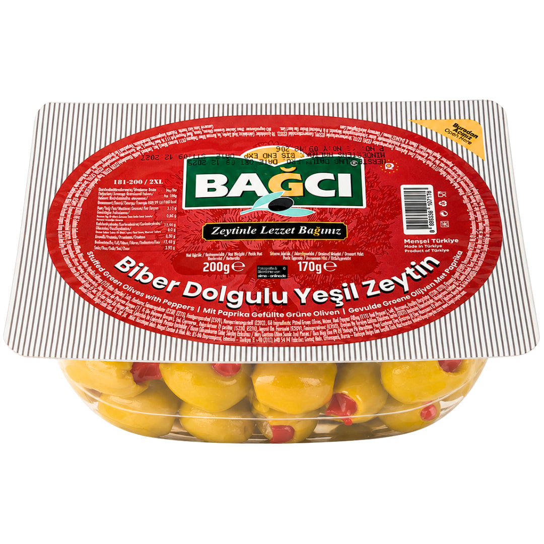 Bagci - Grüne Oliven gefüllt mit Paprika, Biber Dolgulu yesil Zeytin 170 g