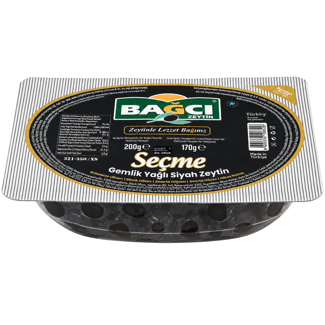 
Bagci - Schwarze Gemlik Oliven in Öl, Secme Gemlik Yagli Siyah Zeytin 170 g
