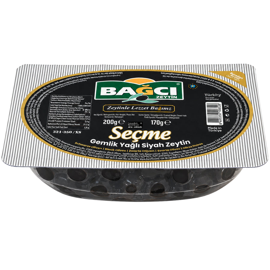 
Bagci - Schwarze Gemlik Oliven in Öl, Secme Gemlik Yagli Siyah Zeytin 170 g

