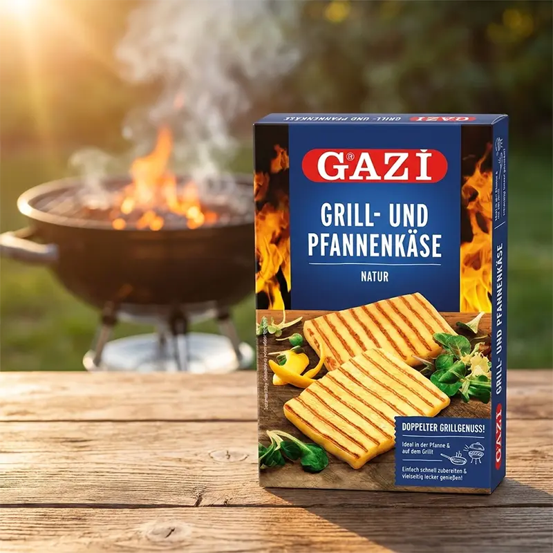 Gazi Grill- und Pfannenkäse Natur von Aima Online neben Grillplatte am Kohlegrill