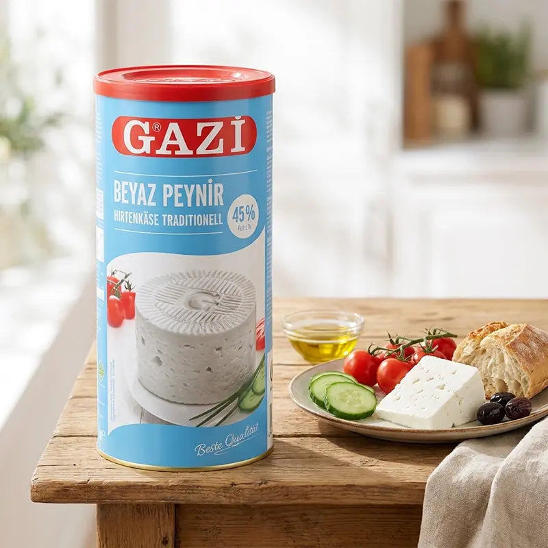 Gazi Hirtenkäse Beyaz Peynir 800g von Aima Online mit Tomaten, Oliven und Brot