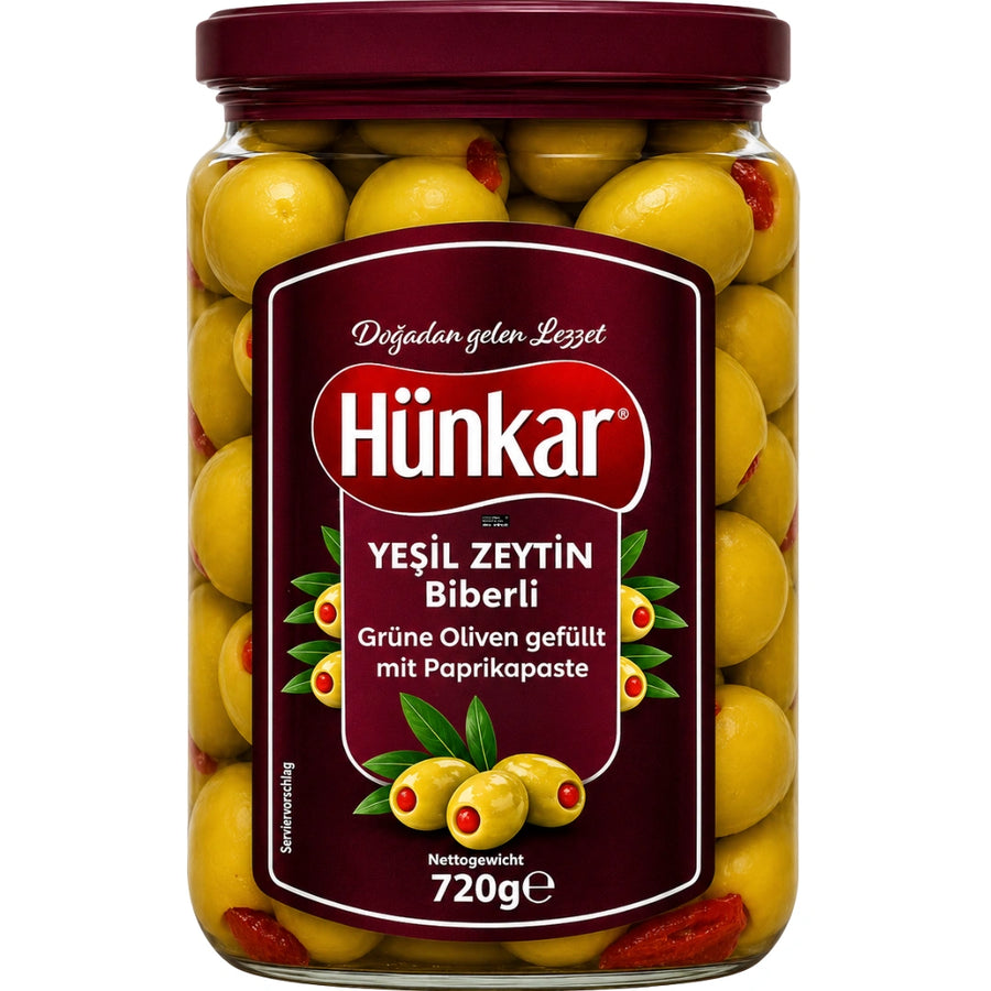Hünkar - Grüne Oliven gefüllt mit Paprikapaste, Yeşil Zeytin Biberli 400g