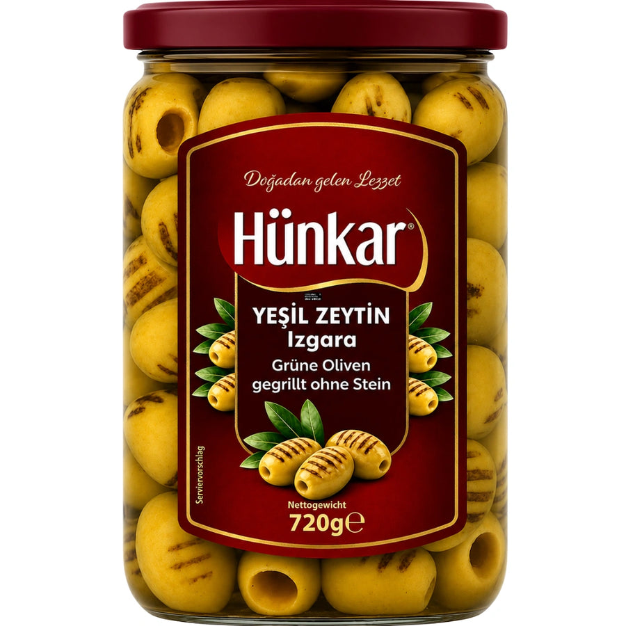 Hünkar - Gegrillte Grüne Oliven ohne Stein, Yeşil Zeytin Izgara 350g