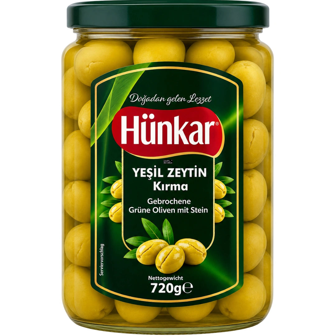 Hünkar - Gebrochene Grüne Oliven mit Stein, Yeşil Zeytin Kırma 400g