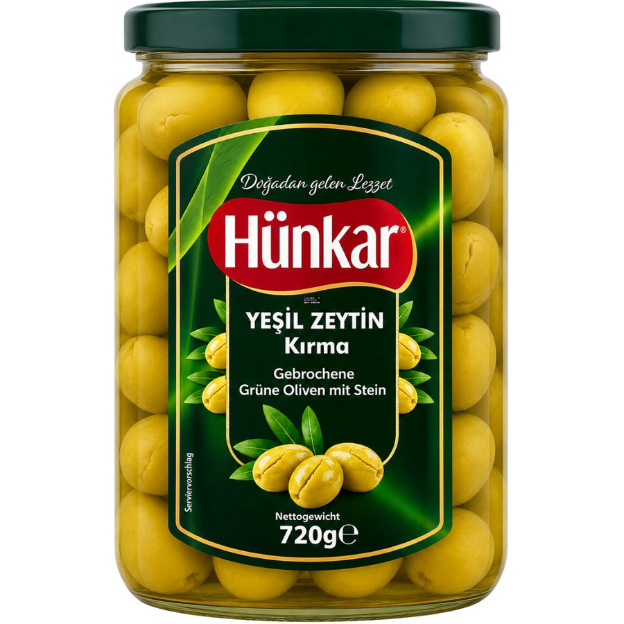 Hünkar - Gebrochene Grüne Oliven mit Stein, Yeşil Zeytin Kırma 400g
