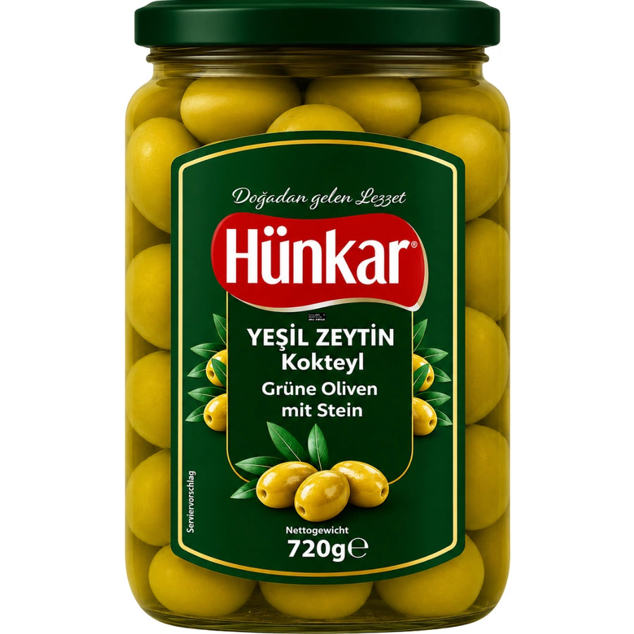 Hünkar - Grüne Oliven mit Stein, Yeşil Zeytin Kokteyl 400g