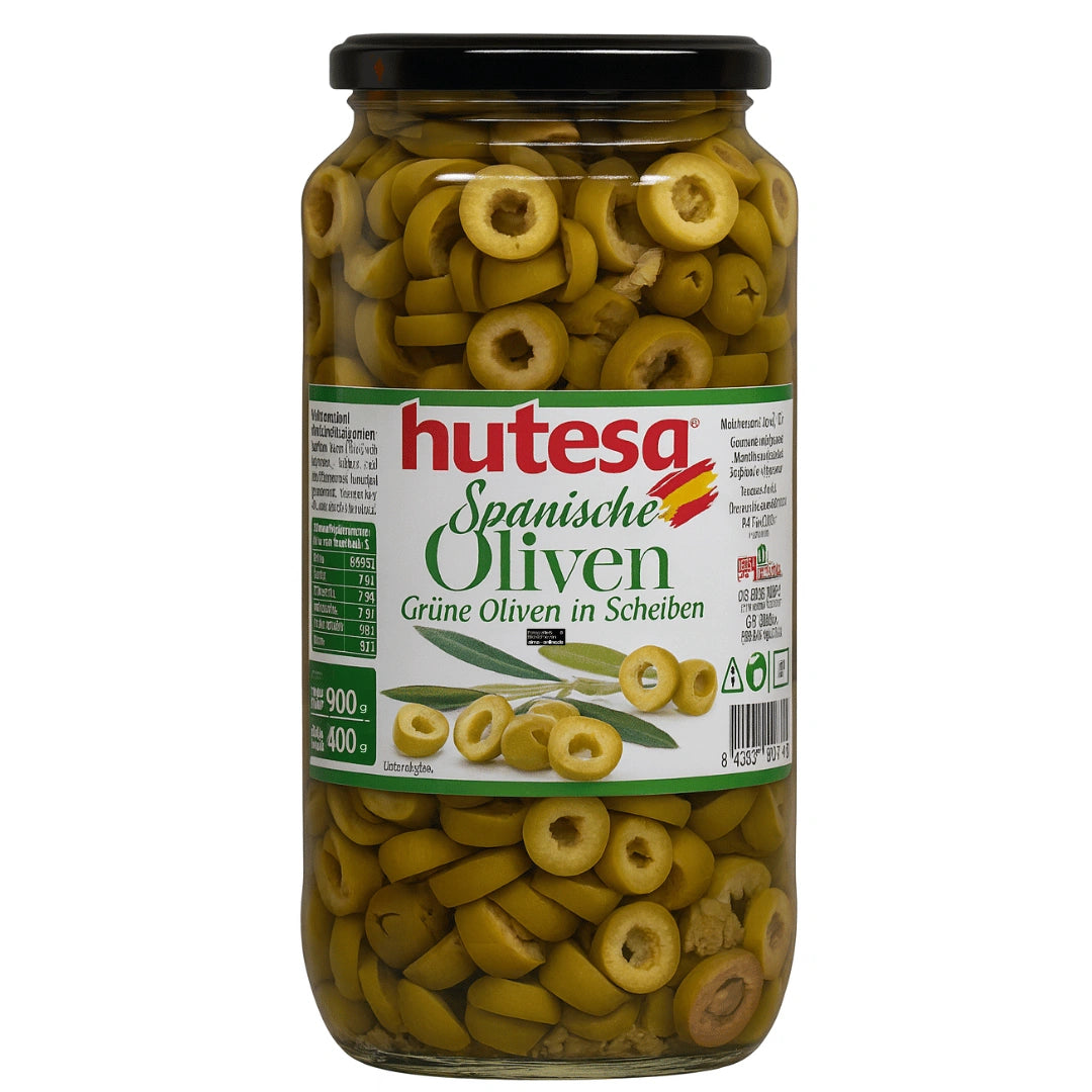 Hutesa - Spanische Oliven Grüne Oliven in Scheiben, Dilimlenmiş Yeşil Zeytin 900g