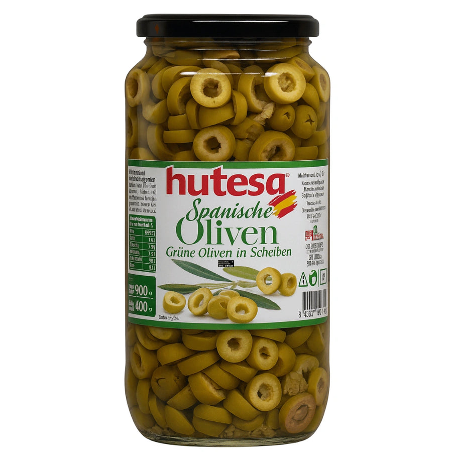 Hutesa - Spanische Oliven Grüne Oliven in Scheiben, Dilimlenmiş Yeşil Zeytin 900g