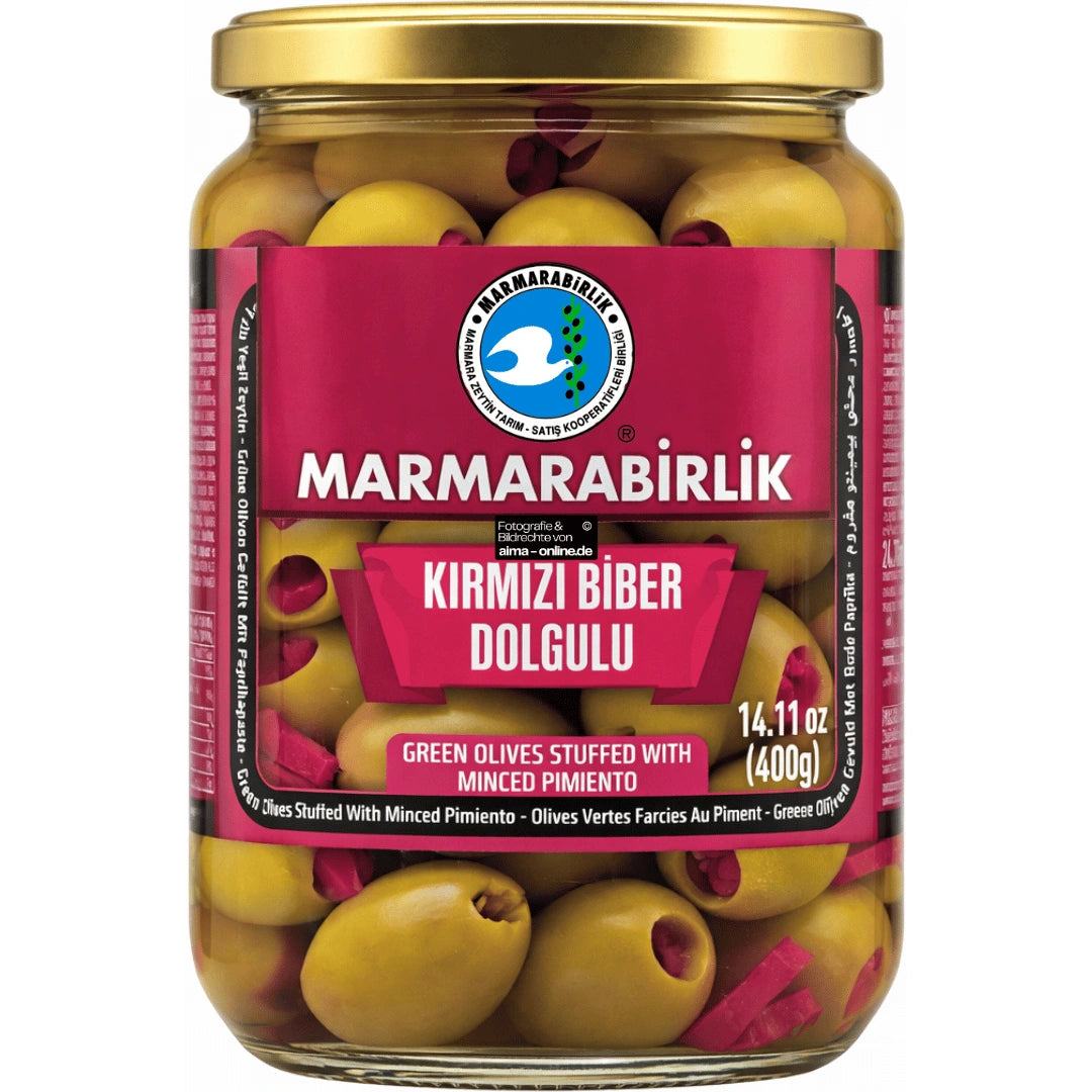 Marmarabirlik - Kirmizi Biber Dolgulu, Grüne Oliven Gefüllt mit Paprikapaste 700g