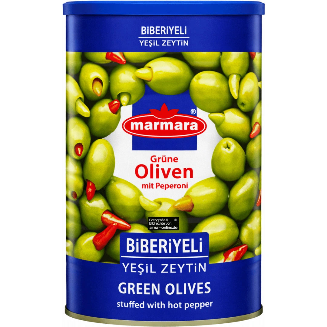 Marmara - Biberiyeli Yeşil Zeytin, Grüne Oliven mit Peperoni 1250g