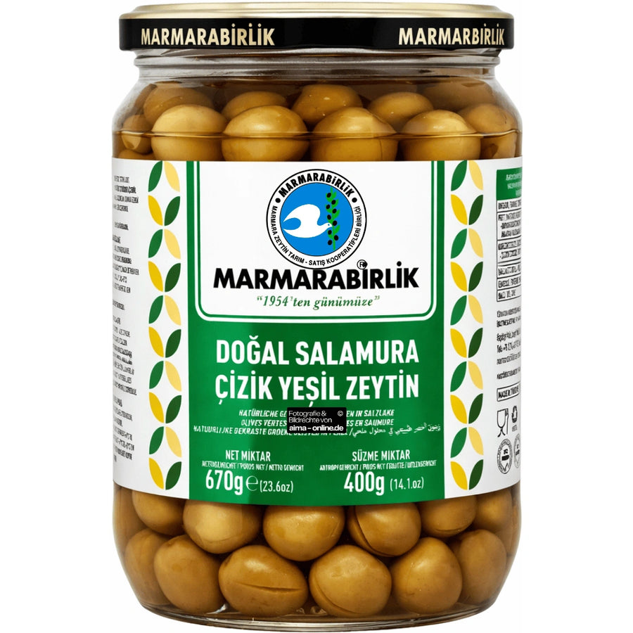 Marmarabirlik - Çizik Yeşil Zeytin, Grüne Oliven in Salzlake 670g