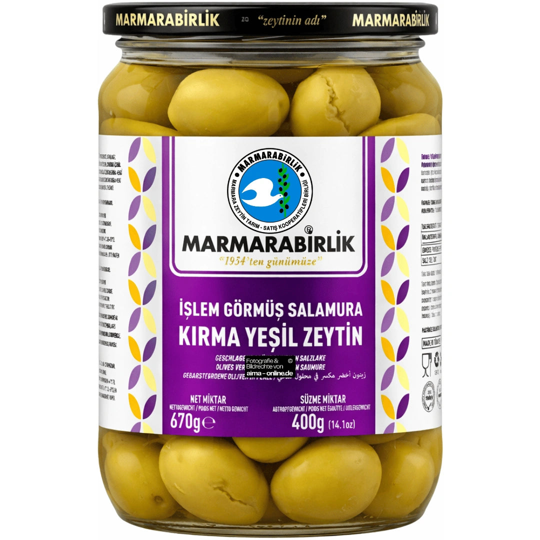 Marmarabirlik - Kırma Yeşil Zeytin, Grüne Oliven in Salzlake 670g