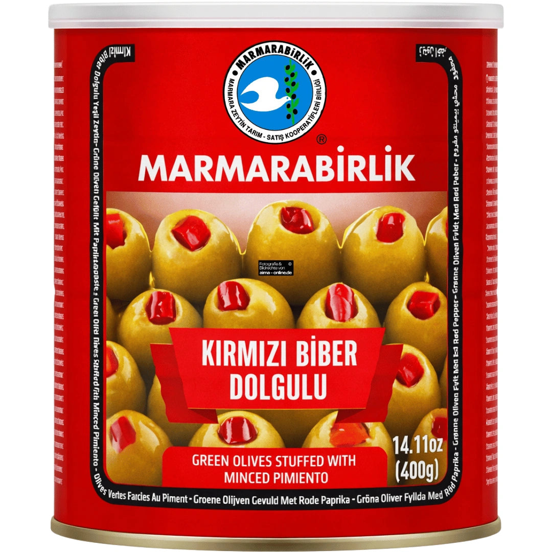 Marmarabirlik - Kırmızı Biber Dolgulu, Grüne Oliven Gefüllt mit Paprikapaste 800g