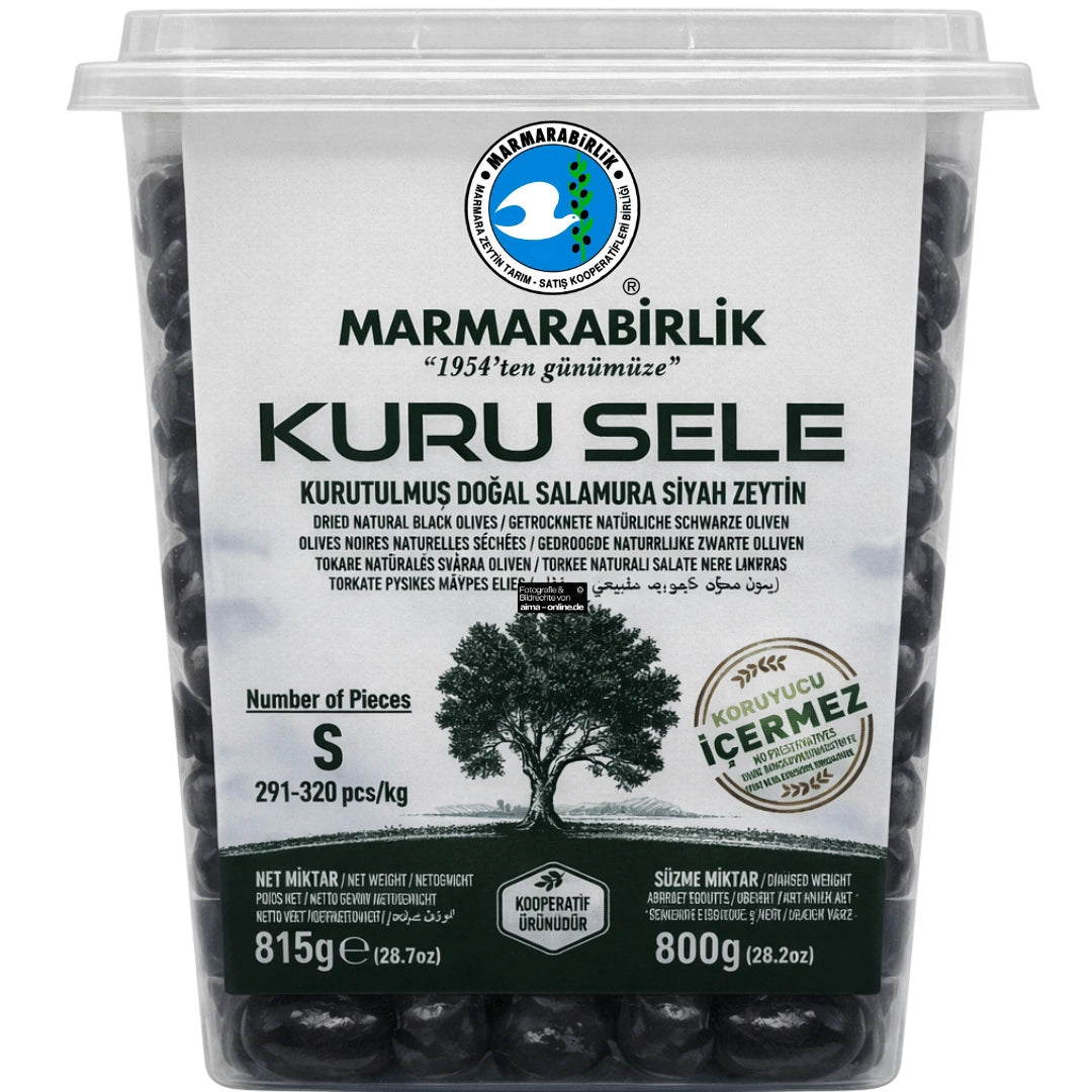 Marmarabirlik – Kuru Sele Siyah Zeytin, Getrocknete schwarze Oliven in Salzlake 815g (Beyaz / Weiß)