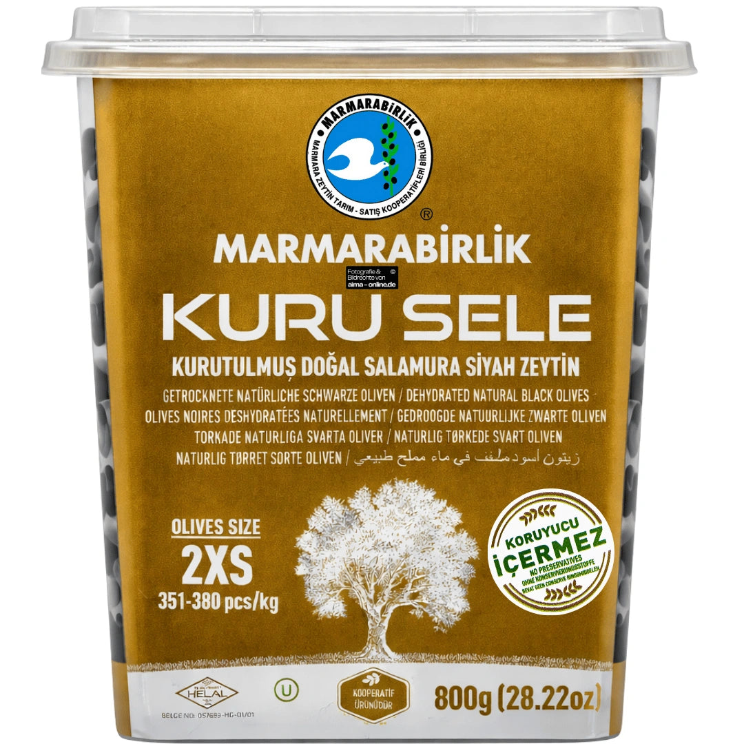 Marmarabirlik – Kuru Sele Salamura Siyah Zeytin, Getrocknete schwarze Oliven in Salzlake 815g (Koyu Sarı / Dunkelgelb)