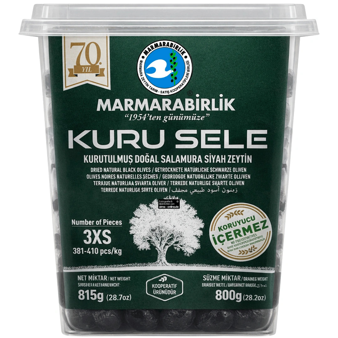 Marmarabirlik – Kuru Sele Salamura Siyah Zeytin, Getrocknete schwarze Oliven in Salzlake 815g (Koyu Yeşil / Dunkelgrün)