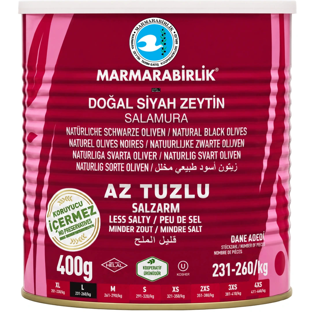 Marmarabirlik - Salzarme Schwarze Oliven in Salzlake, Az Tuzlu Doğal Siyah Zeytin 400g