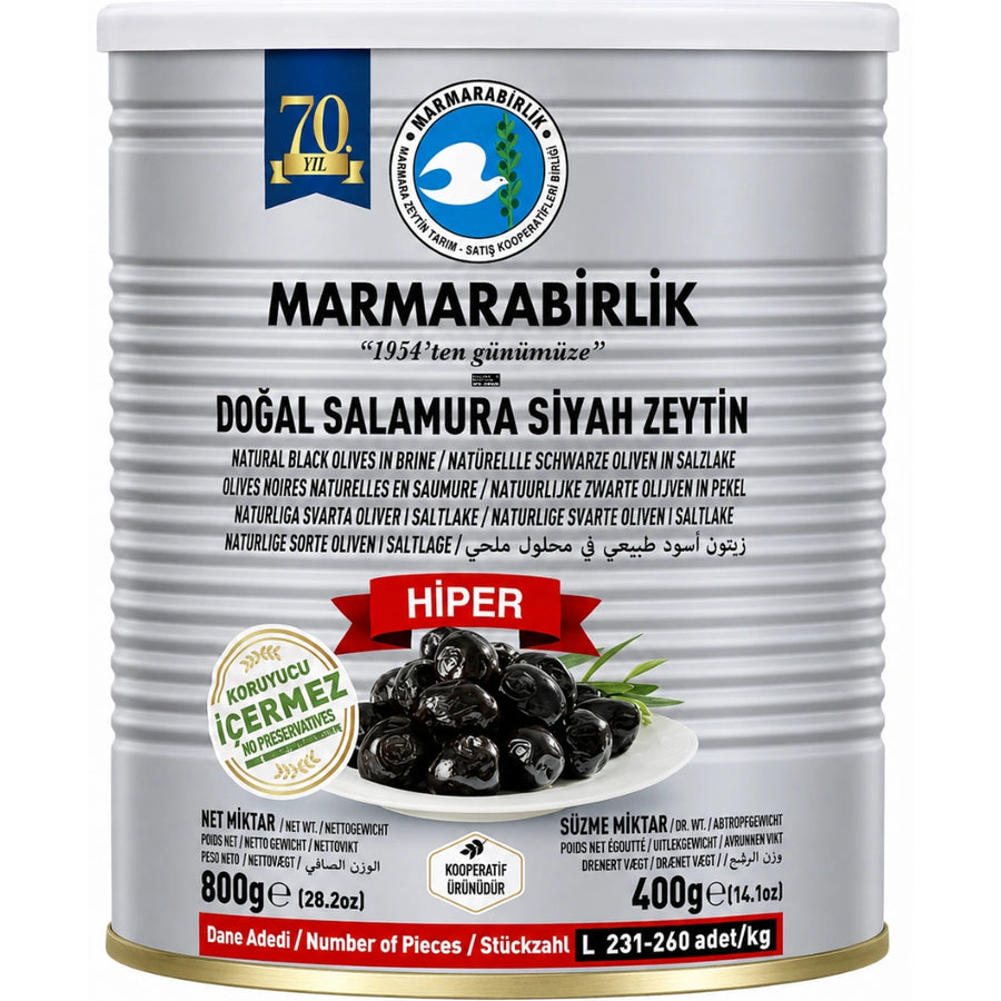 Marmarabirlik - L Hiper Schwarze Oliven in Dose, Doğal Salamura Siyah Zeytin 400g