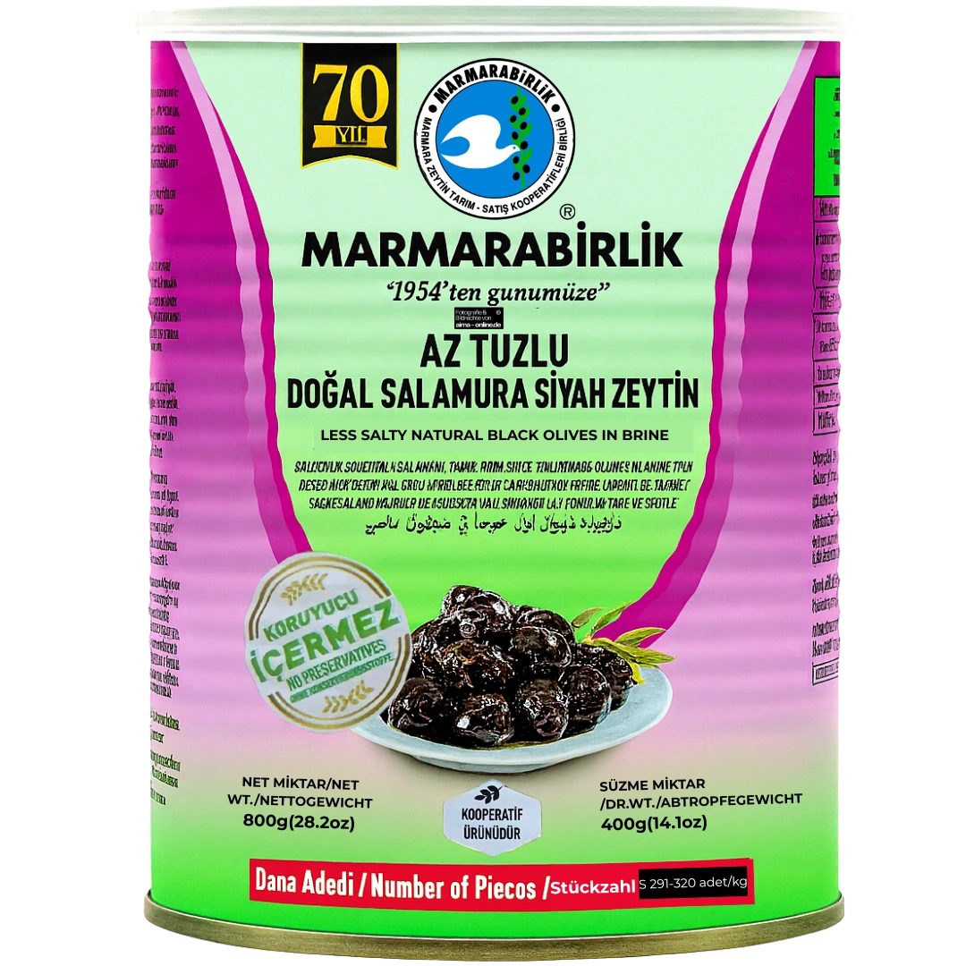 Marmarabirlik - Az Tuzlu Dogal Salamura Siyah Zeytin, Natürliche Schwarze Oliven 800g