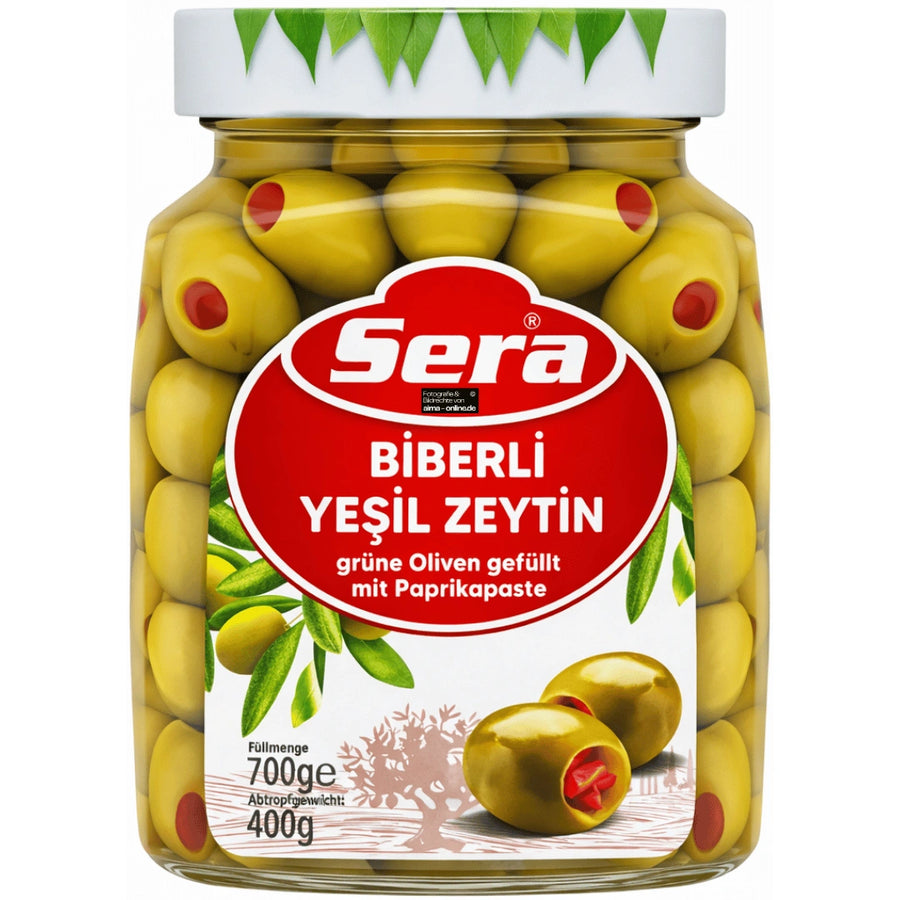 Sera - Biberli Yeşil Zeytin, Grüne Oliven gefüllt mit Paprikapaste 700g