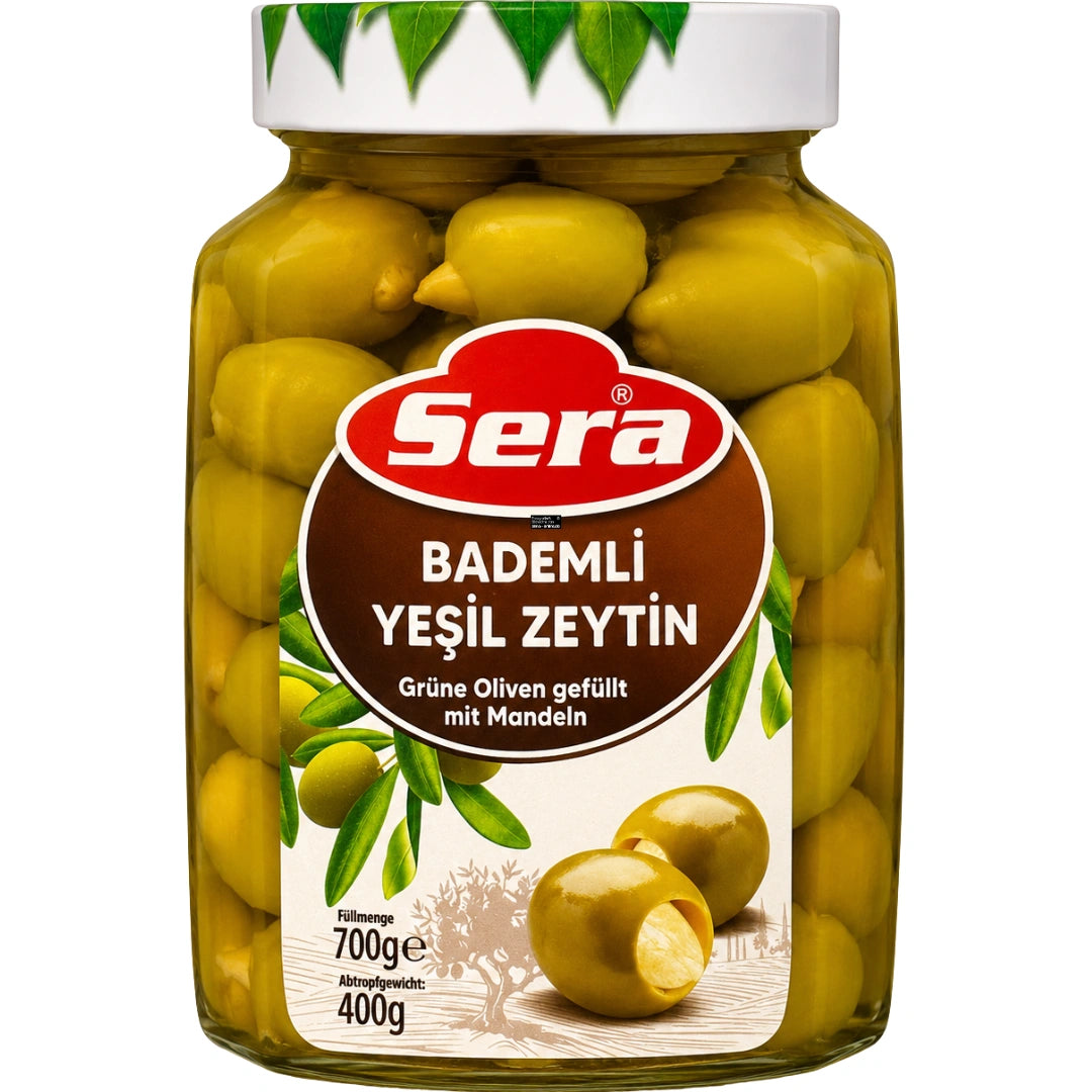Sera - Grüne Oliven gefüllt mit Mandeln, Bademli Yeşil Zeytin 400g