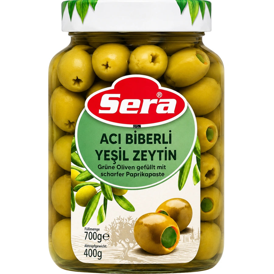 Sera - Grüne Oliven gefüllt mit scharfer Paprikapaste, Acı Biberli Yeşil Zeytin 400g