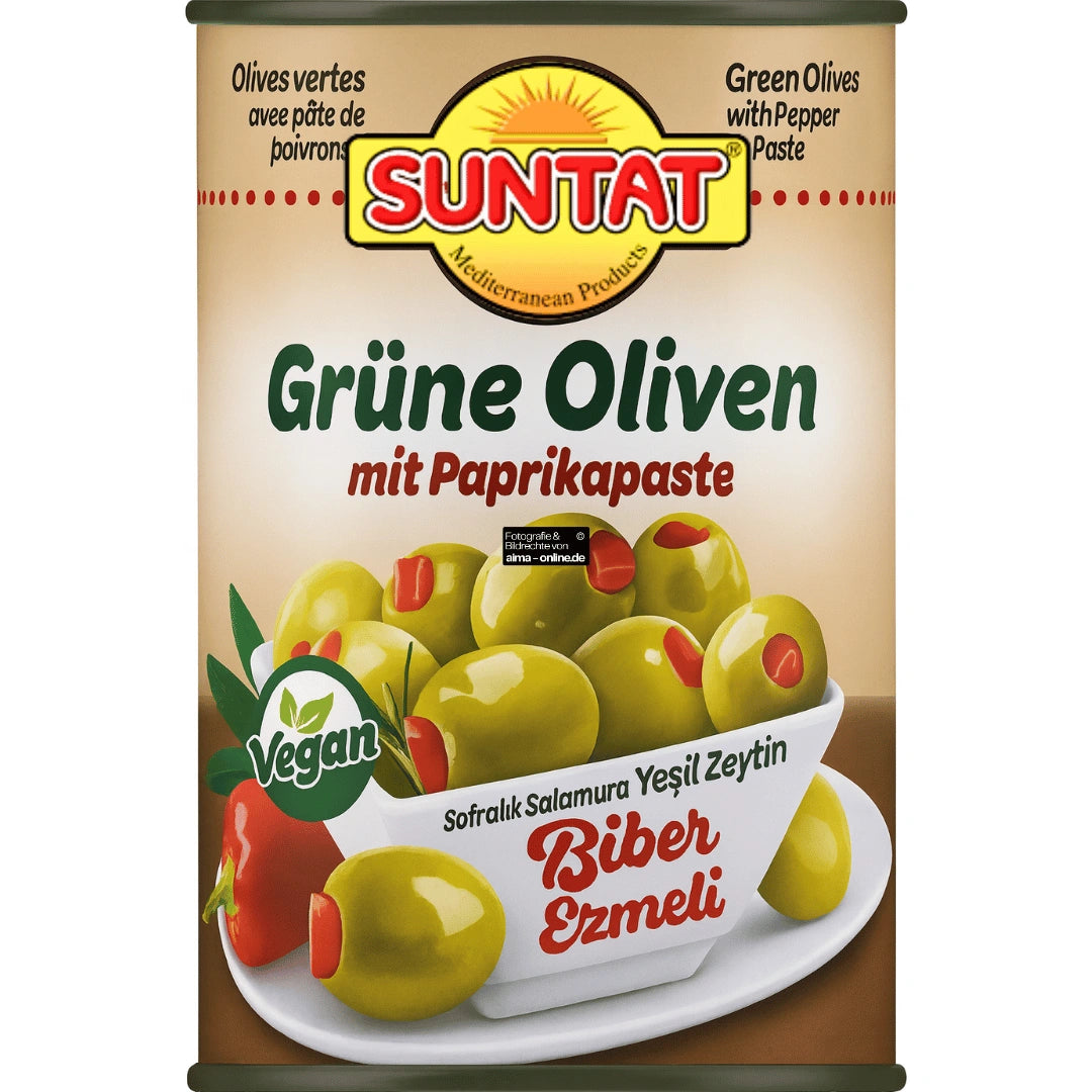 Suntat - Biber Ezmeli Yeşil Zeytin, Grüne Oliven mit Paprikapaste 350g