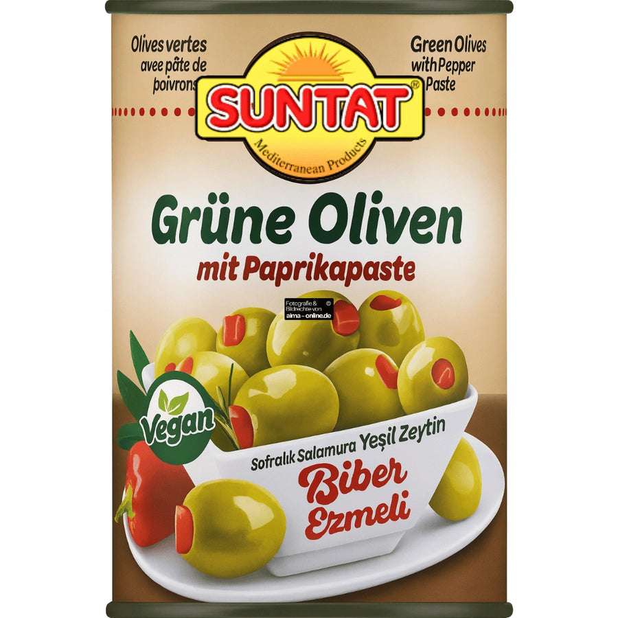 Suntat - Biber Ezmeli Yeşil Zeytin, Grüne Oliven mit Paprikapaste 350g