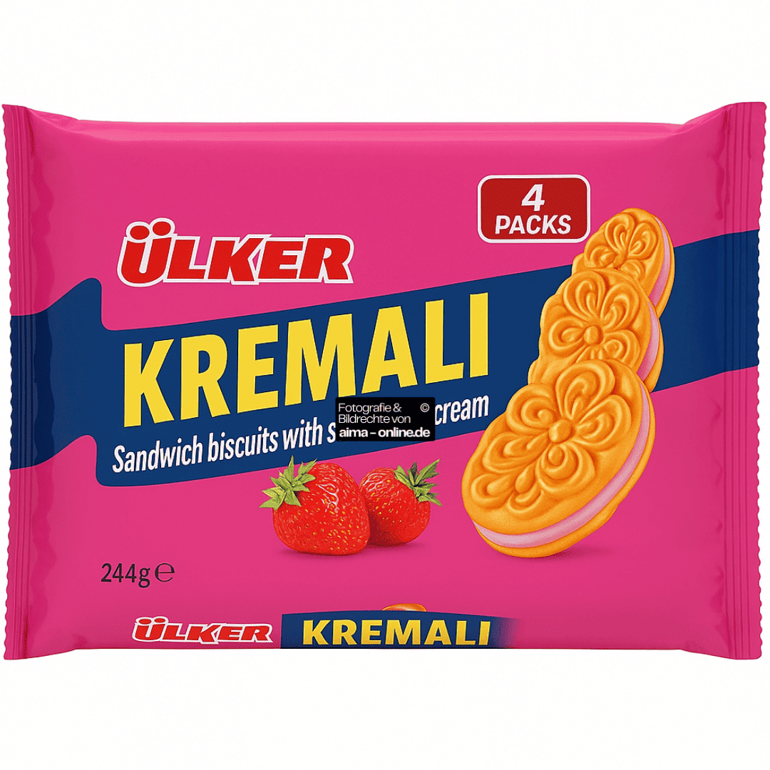 Ülker - Cremiger Sandwich Keks mit Erdbeerenfüllung, Kremali Sandvic Bisküvi Cilek Aromali 4er 244g