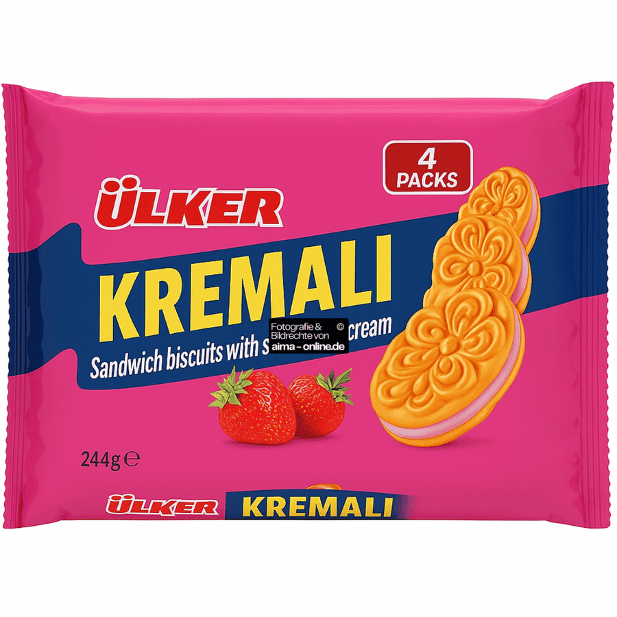 Ülker - Cremiger Sandwich Keks mit Erdbeerenfüllung, Kremali Sandvic Bisküvi Cilek Aromali 4er 244g