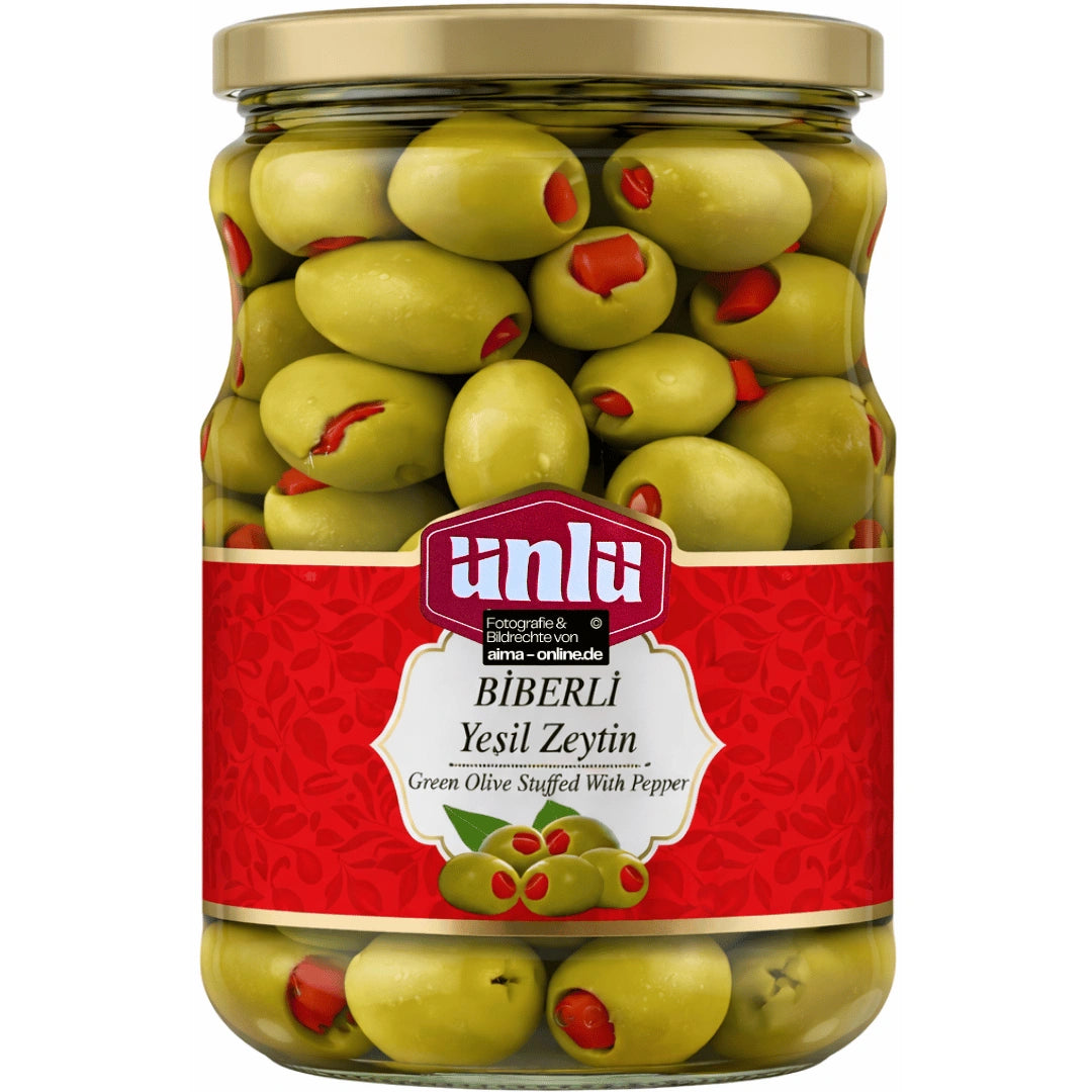 Ünlü – Biberli Yeşil Zeytin, Grüne Oliven mit roter Paprika 700g