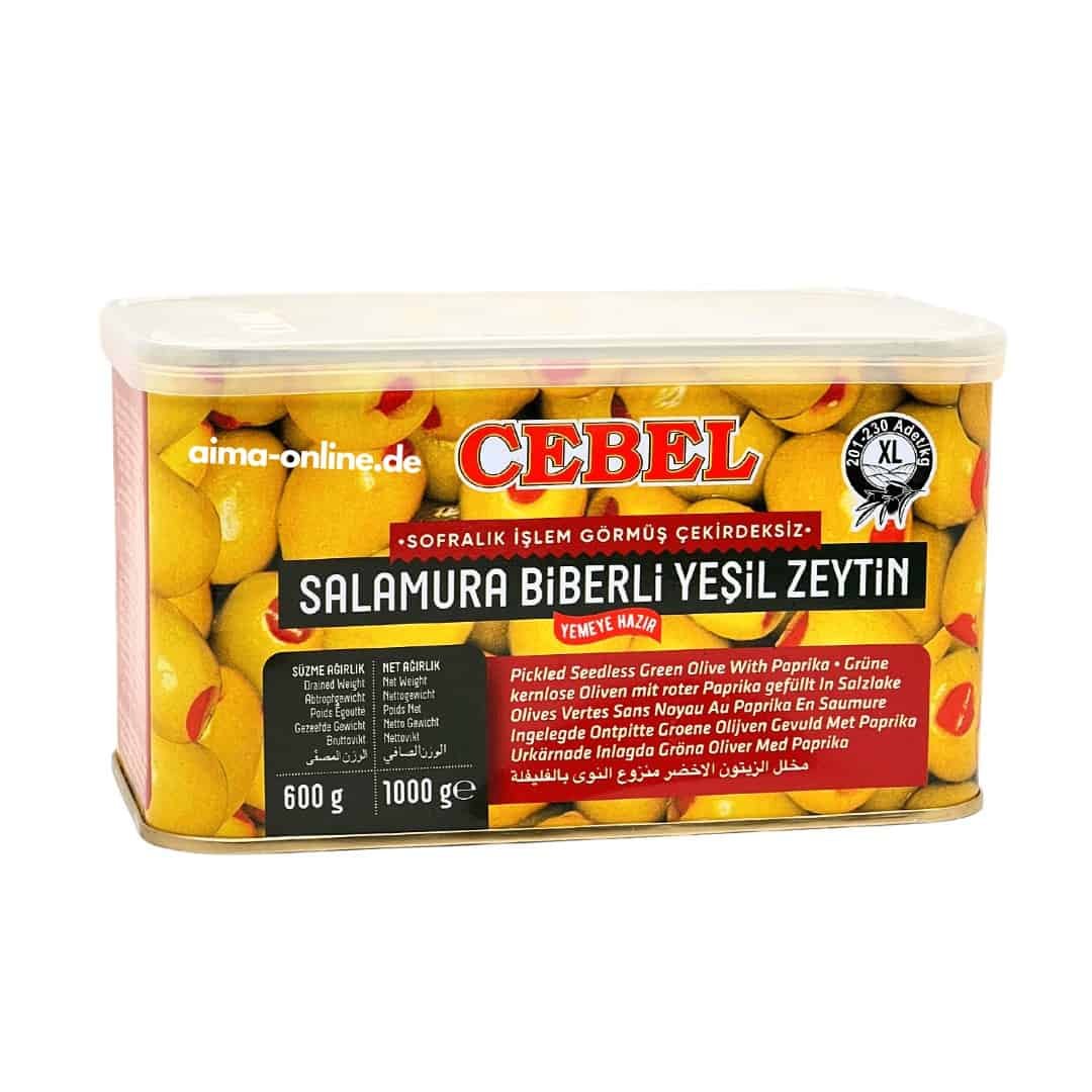 Cebel Salamura Biberli Yeşil Zeytin - Kırmızı biberli yeşil çekirdeksiz zeytin 1000gr