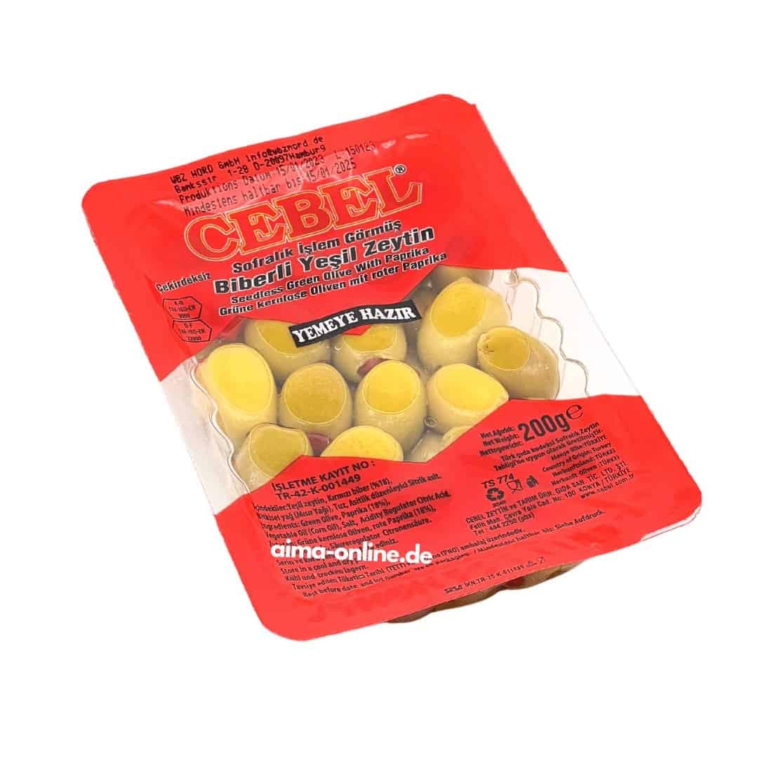 Cebel Biberli Yeşil Zeytin - Kırmızı biberli yeşil zeytin 200gr