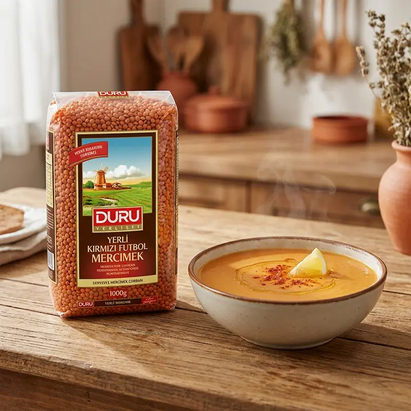 Duru Yerli Kırmızı Mercimek von Aima Online neben frischer Linsensuppe auf Holztisch