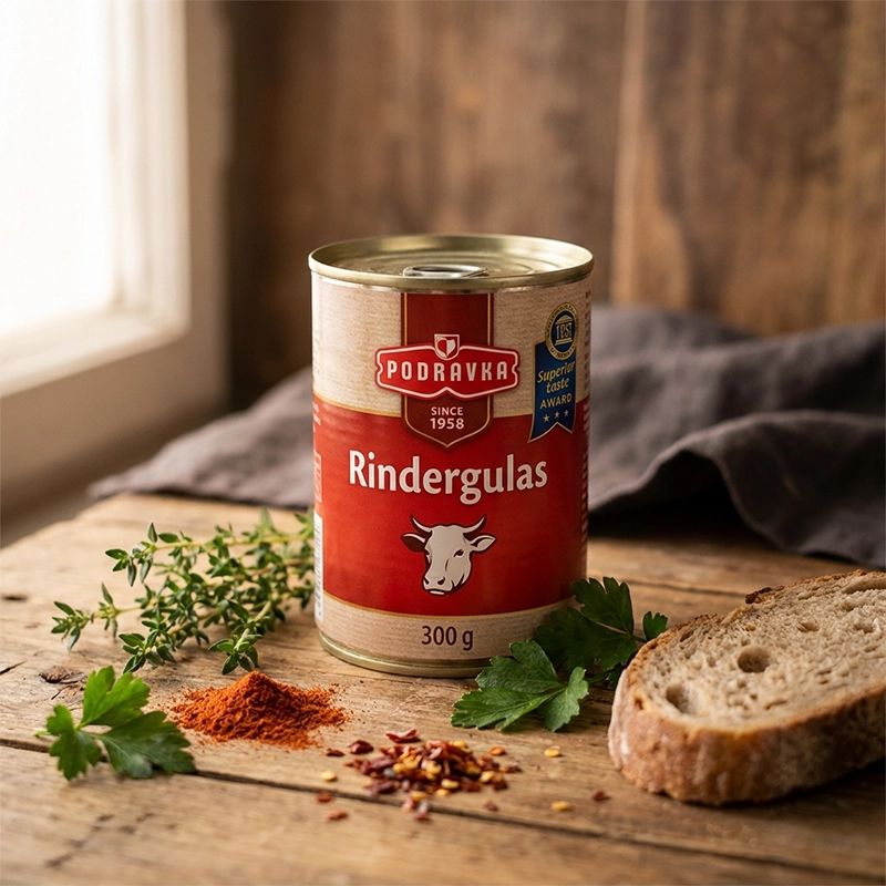 Podravka Rindergulasch Dose, 300 g, mit Kuhkopf-Illustration