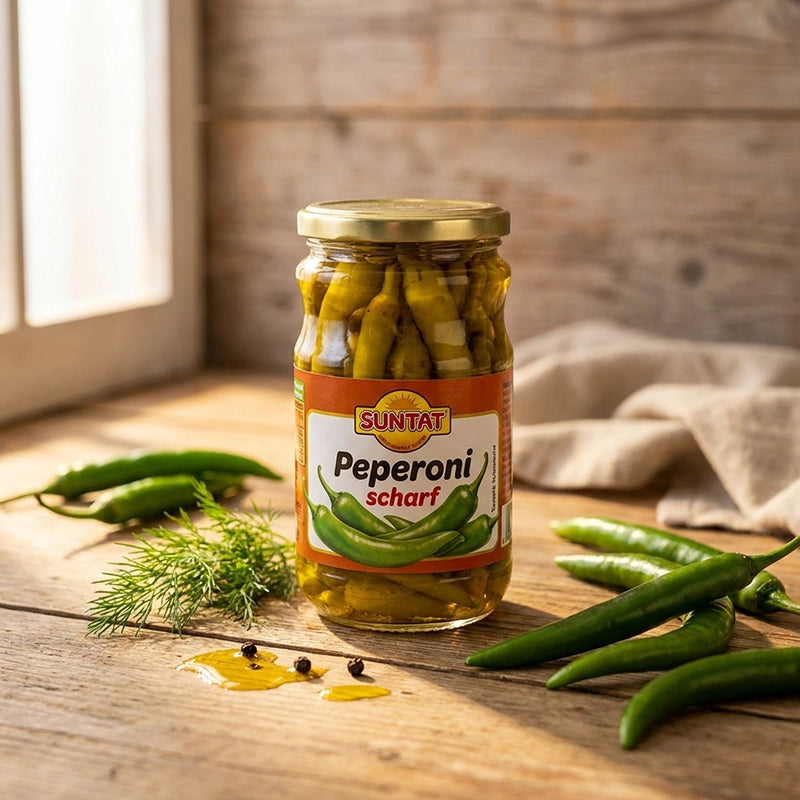 Suntat Peperoni scharf im Glas, umgeben von frischen grünen Chilischoten und Dill