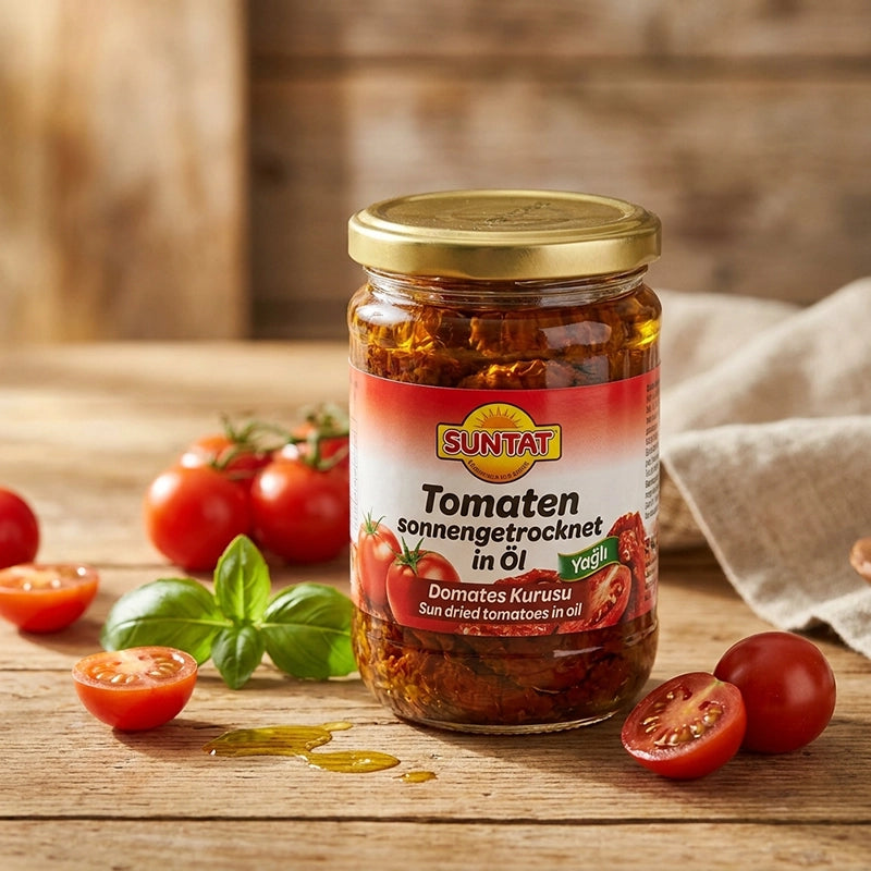Suntat sonnengetrocknete Tomaten in Öl im Glas, umgeben von frischen Tomaten und Basilikum