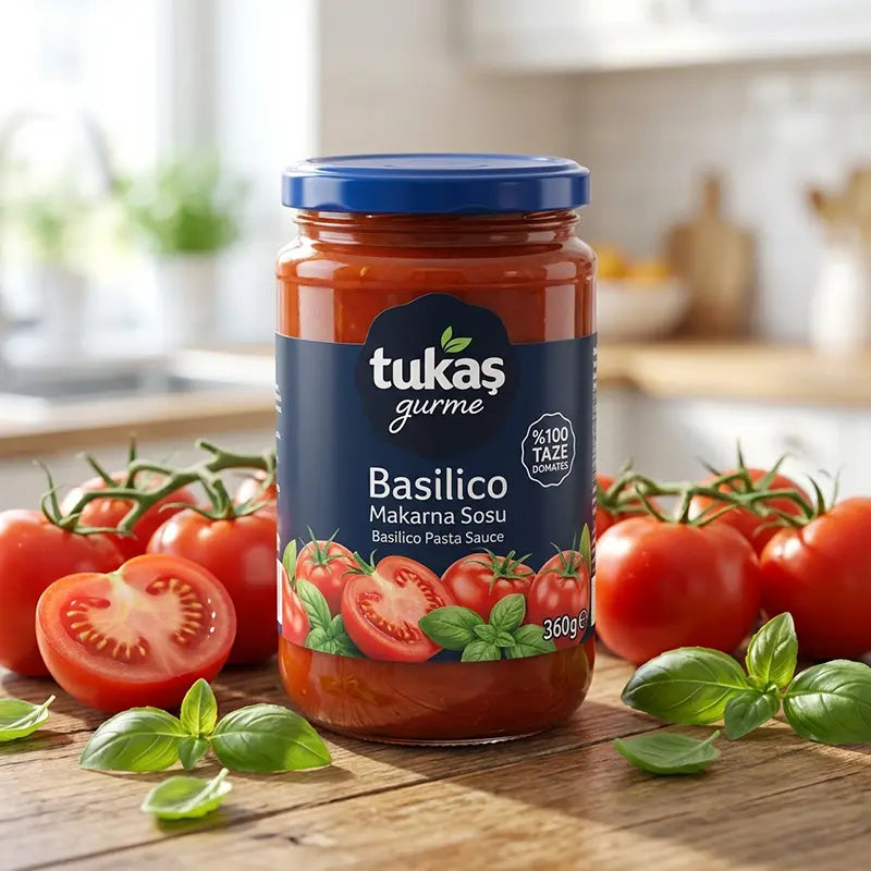 Tukaş Gurme Basilico Makarna Sosu von Aima Online mit frischen Tomaten und Basilikum