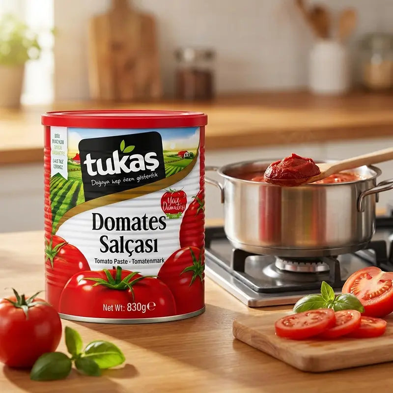 Tukaş Domates Salçası von Aima Online am Herd mit Topf und frischen Tomaten