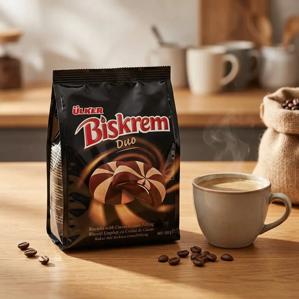 Ülker Biskrem Duo von Aima Online neben Kaffeetasse mit Kaffeebohnen auf Holztisch
