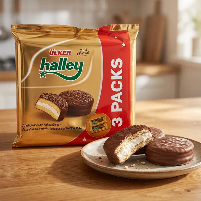 Ülker Halley 3 Packs von Aima Online neben Keksteller mit angeschnittenem Biskuit