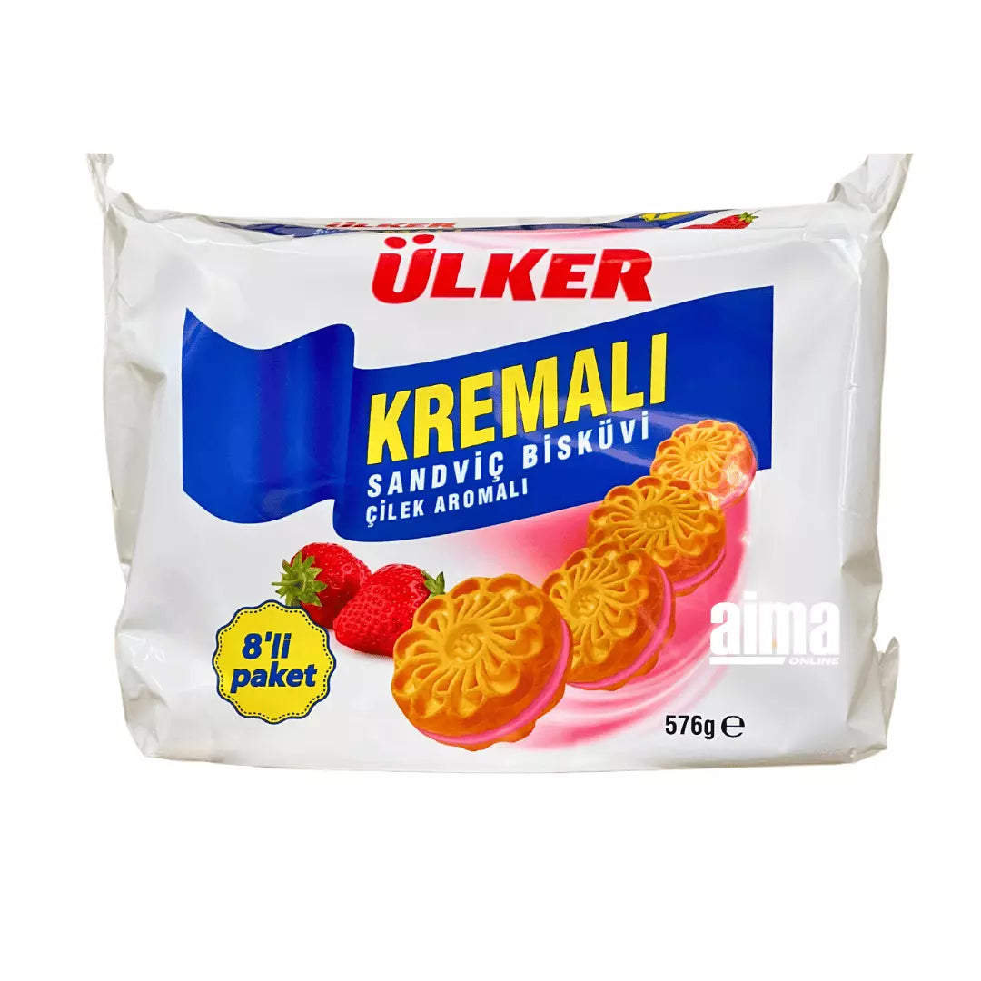 Ülker Kremali Sandvic Bisküvi Çilek Aromalı - çilek kremalı bisküvi 576gr