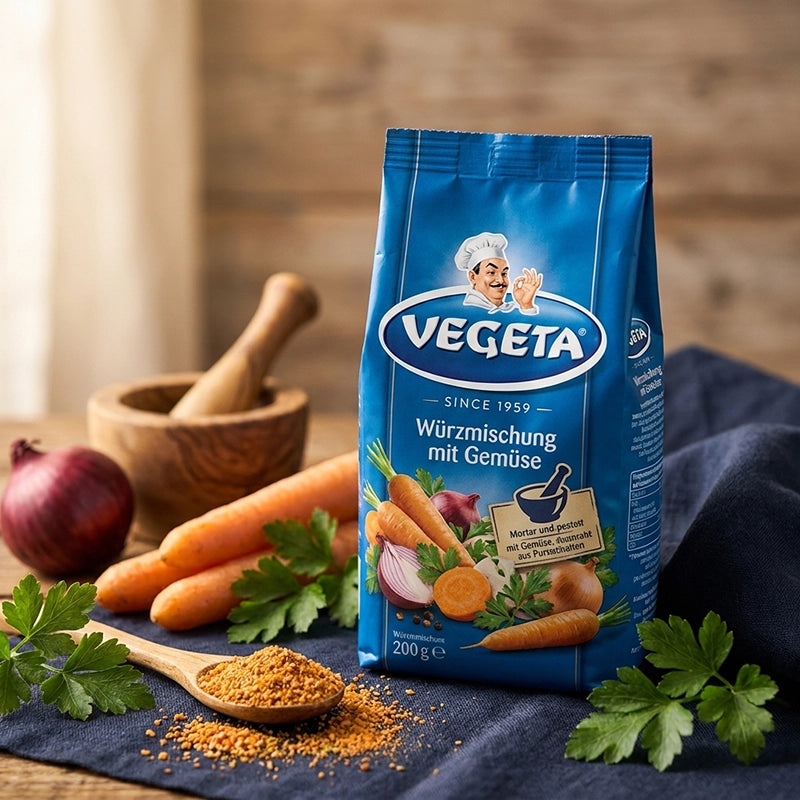Vegeta Würzmischung mit Gemüse, 200 g, umgeben von Karotten, Zwiebeln und Petersilie