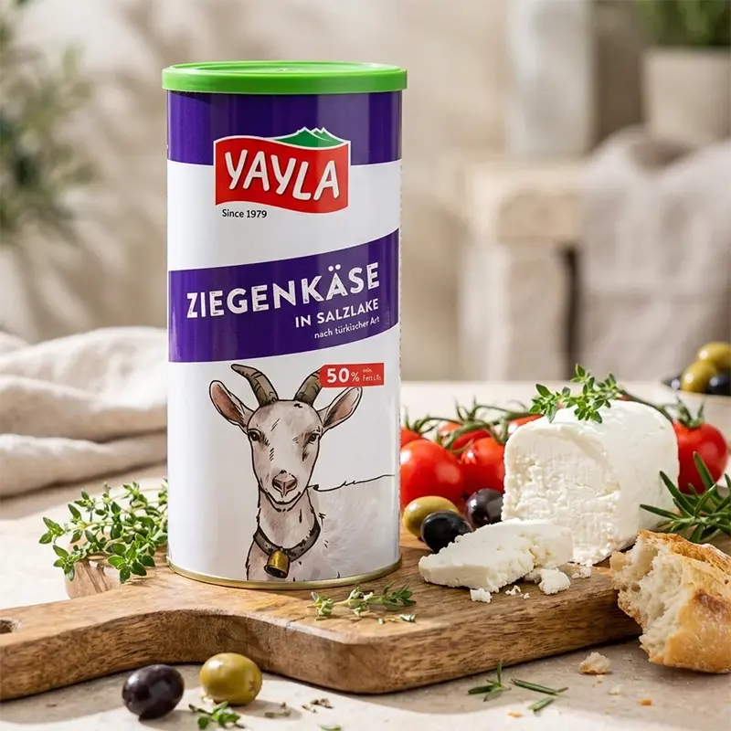 Yayla Ziegenkäse in Salzlake von Aima Online auf Käsebrett mit Oliven und Tomaten